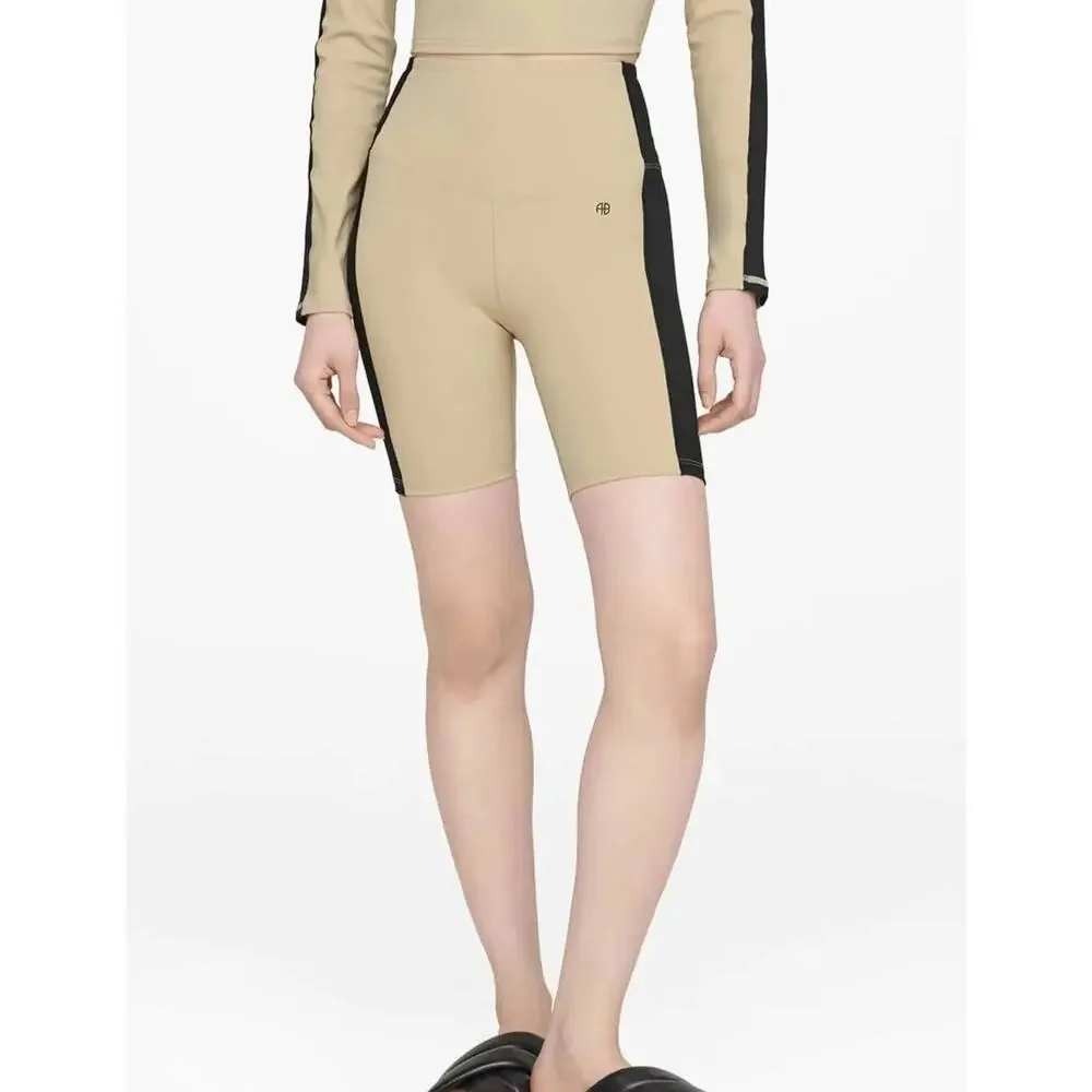 Anine Bing Sport Blake Biker Shorts Tan Black Side Racing Stripe High Waist XXS